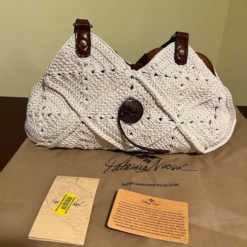 Patricia Nash Cream Crochet Shoulder Bag with Brown Leather Trim